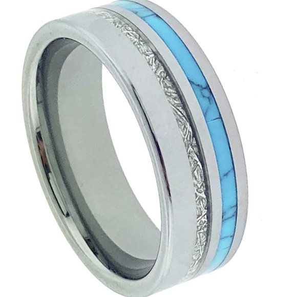Mens Unisex Wedding Tungsten Wedding Band. Silver Turquoise & Inspired Meteorite - Picture 3 of 3